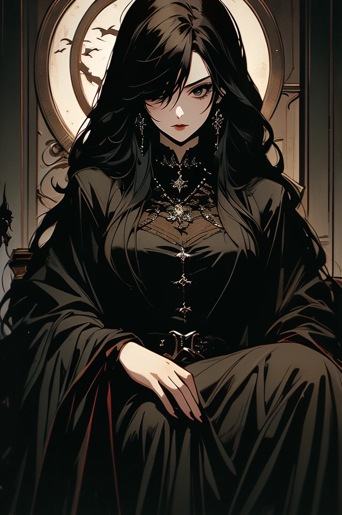 masterpiece,best quality,ultra-detailed,2girl,solo,crow,upper body,dark style,black hair,black clothes,horror theme, sitting on a gothic throne in a dark castle