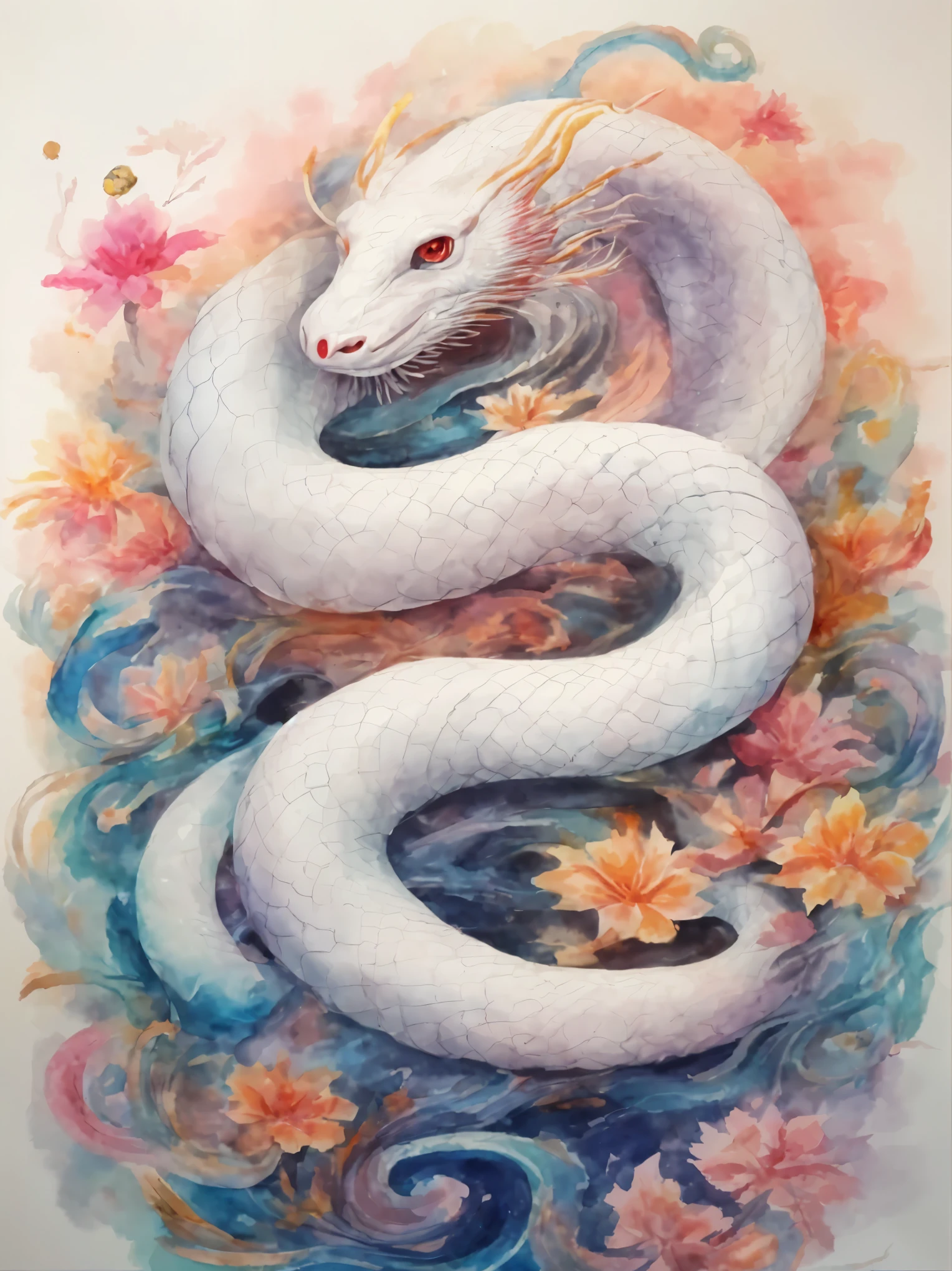 Watercolor:1.5、White Snake、Red eyes:1.5
