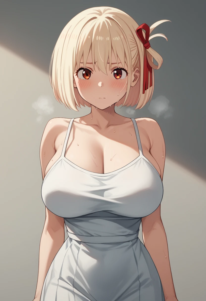 Huge breasts、blush、Sweat、In the heat、alone, One girl, Nishikigi chisato, chisato nishikigi, short hair, bangs, blonde hair, red eyes, hair ribbon, one side up, bob cut
{Highest quality}, {so beautiful}, {Very detailed}, {Best illustrations},Life、slim:1.5、Camisole long maxi dress(tight)、Are standing、