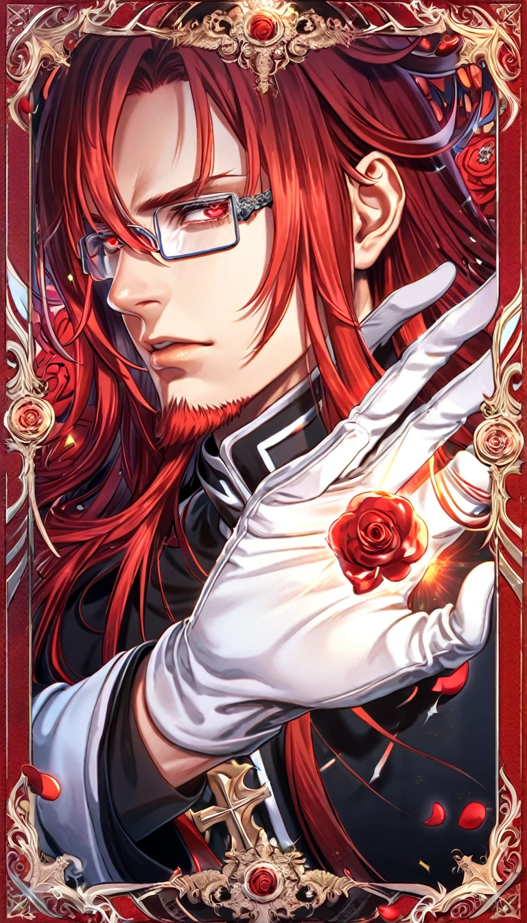 absurdres, highres, ultra detailed, HDR, master piece, best quality, extremely detailed, Marian Cross, red hair, long hair, messy hair, expressive red eyes, D.Gray-man, rectangle glasses, red goatee, solo, sexy man, handsome, sensual, black clothes, white gloves, magical, fantasy, red background, red roses, shining, red petals, red glittering fireflies