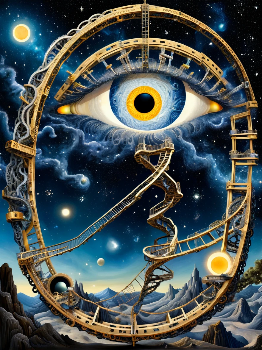 Create an optical illusion artwork combining elements like eyes, the starry night sky, the universe, galaxies, a celestial ladder, technology, machinery, and chains. The composition should be complex and intricate, featuring geometric shapes and patterns that link these elements together in a way that creates a strong visual illusion. The artwork should include an eye as a central element, surrounded by a depiction of the universe and galaxies, with elements of advanced technology and machinery interwoven. The celestial ladder, possibly made of chains or mechanical parts, should connect different parts of the image, defying gravity and perspective. The overall design should be mesmerizing, causing viewers to feel dazzled and disoriented, with a powerful sense of visual illusion.