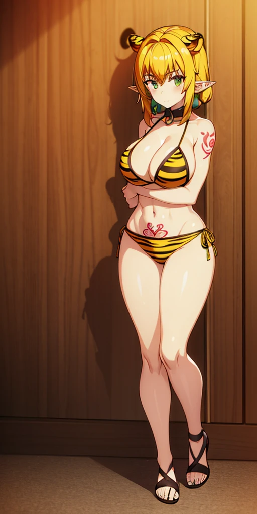 1 girl, bare shoulders, wearing a yellow tiger bikini, metal sandals, strong body, red tattoo under stomach, navel, Frieren, green eye, elf, pointy ears, toe to head