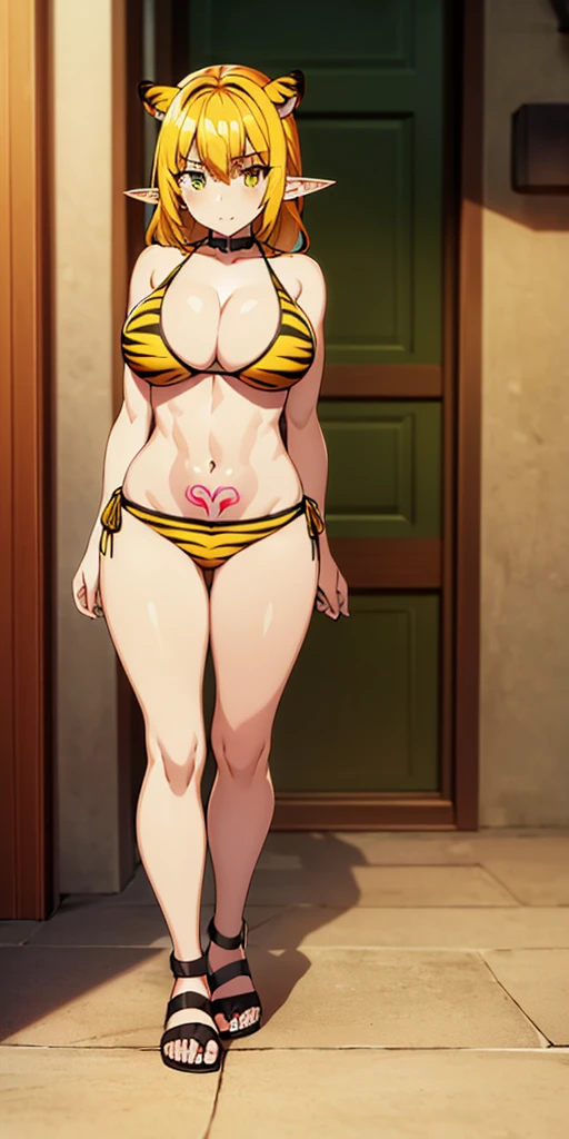 1 girl, bare shoulders, wearing a yellow tiger bikini, metal sandals, strong body, red tattoo under stomach, navel, Frieren, green eye, elf, pointy ears, toe to head