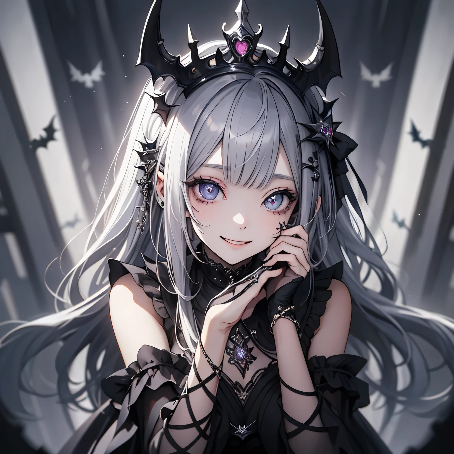 (masterpiece), Highest quality, Ultra-high resolution,Silver Hair、Black Hair、Big smile、Bat、Sick Makeup、princess、Fallen into Darkness、Big smile、tiara、dress