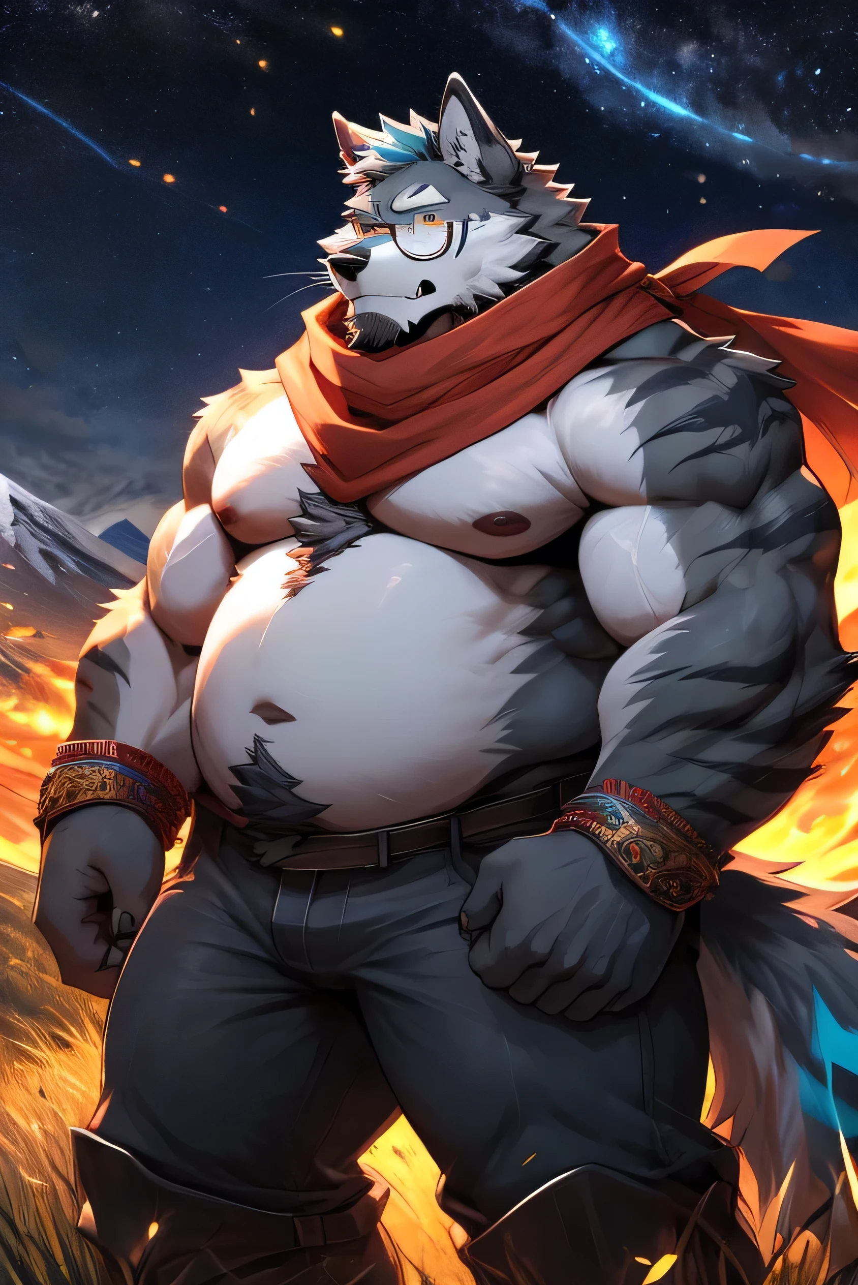 alone, fat muscular man, dad bod, belly, big pecs, ash grey hairy wolf, faded haircut ((black color)), big thick beard ((black color)), whiskers, amber eyes, ((red scarf)), ((glasses)),
electrified stripes on arms, electricity on arms, stripes on arms ((cyan color)) white belly, hairy, wolf tail, wolf ear, bracelets, jeans, boots, pecs, fangs, in the field, mountains in the background, at night, starry night, fireflies around, blushing,