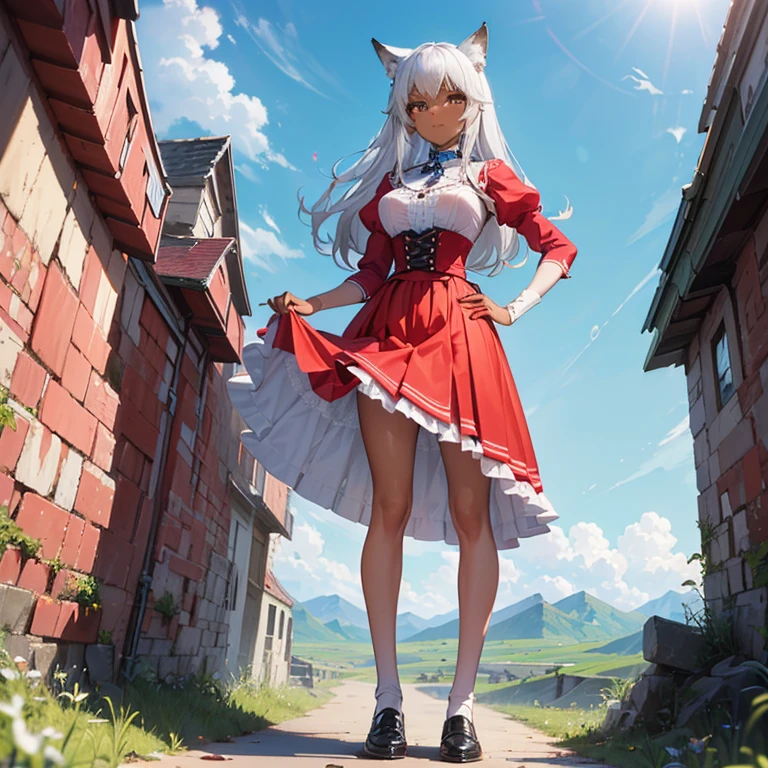 (8k, Realistic, RAW Photos, Highest quality, (from below:2), View your viewers: 1.3), (Fox Girl, Fox Ears, Silver Hair, One Girl, Long Hair, (Alone on the screen, dark skin), High definition:1.6), (Red clothes, White blouse, Victorian Long Dress:1.8), (Body measurements are 99-55-77!, Nice body, Big Breasts, slender, muscle, ((skirt hold, show off dark panties), Stand with your legs apart, I can see the valley, Standing posture):1.9),(美しいface, Delicate drawing, It is written down in detail), Avatar, face, 色っぽいface, Dominant representation, naughty face, Uplifting, Skin Texture, outside, ruins, Ruined City, Broken Building, There are no people