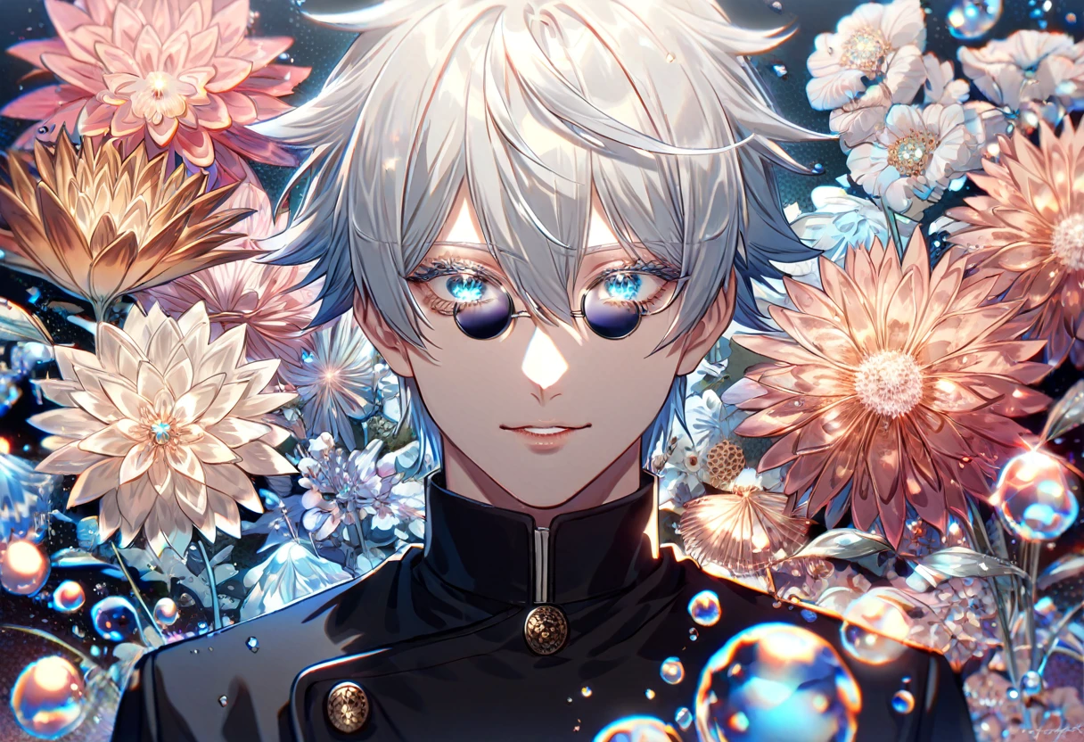 Absurd, High resolution, Super detailed, High resolution, masterpiece, Satoru Gojo, Satoru Gojo,White hair with bangs, White eyelashes, Very delicate and beautiful face, Beautiful eyes in every detail, Expressive blue eyes, Aquamarine Eyes,Hair between the eyes, Black jacket, Black Shirt, JUJUTSU KAİSEN, male, good looking, Highest quality, Beautiful attention to detail, blue Moon, Flowers, Fantasy, Magic, alone, water, Blue glowing fireflies,flower, flowerびら, JUJUTSU KAİSEN uniform, Black round sunglasses, good looking smile, water彩画と油絵の融合, Psychedelic world,Sparkling, Anime style digital art,Beautiful anime portraits,Vibrant colors,Perfect lighting, Sharp focus