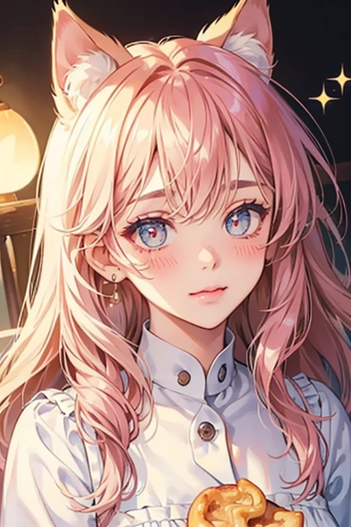 A pie girl num with basic eyes, her mouth opened wide and slightly blushed cheeks. She has white cream with a rim of custard underneath to match her cat ears. SPARKLE; GLITTER