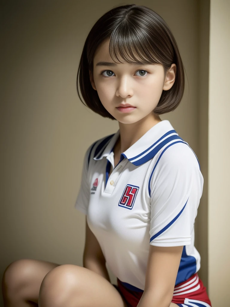 ((highest quality, masterpiece :1.3)), Photorealistic、Ultra-high resolution、Natural skin texture、Hyperrealism、Photograph from the knee up、 beautiful Japanese girl、Beautiful girl alone、Short Bob Hair、Small breasts、Volleyball Uniforms、Both hands are tied、Indoor volleyball court、Angry expression、Staring straight ahead