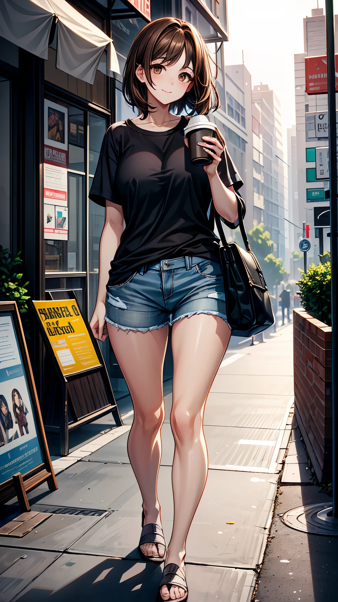 ((High Resolution)), ((Lighting and Color)), ((masterpiece)), ((Brown eyes)), ((drinking coffee)), A young woman with dark, wavy chestnut hair, left loose and slightly tousled by the breeze, stands confidently on a lively urban street. She wears a relaxed white cotton shirt that highlights her natural elegance, paired with gray denim shorts that complement her casual style. She poses with a subtle, confident smile, slightly tilting her body to one side. The background features a blend of modern skyscrapers, quaint cafes, and bustling pedestrians. Soft sunlight gently illuminates her face, creating a warm glow and emphasizing her presence amidst the city's hustle and bustle."