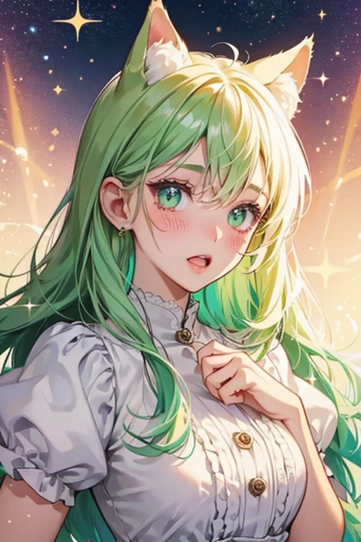 A pie girl num with basic eyes, and a wide-opened mouth and faint blushed cheeks. She has white cream with a rim of light green to match her cat ears. SPARKLE; GLITTER