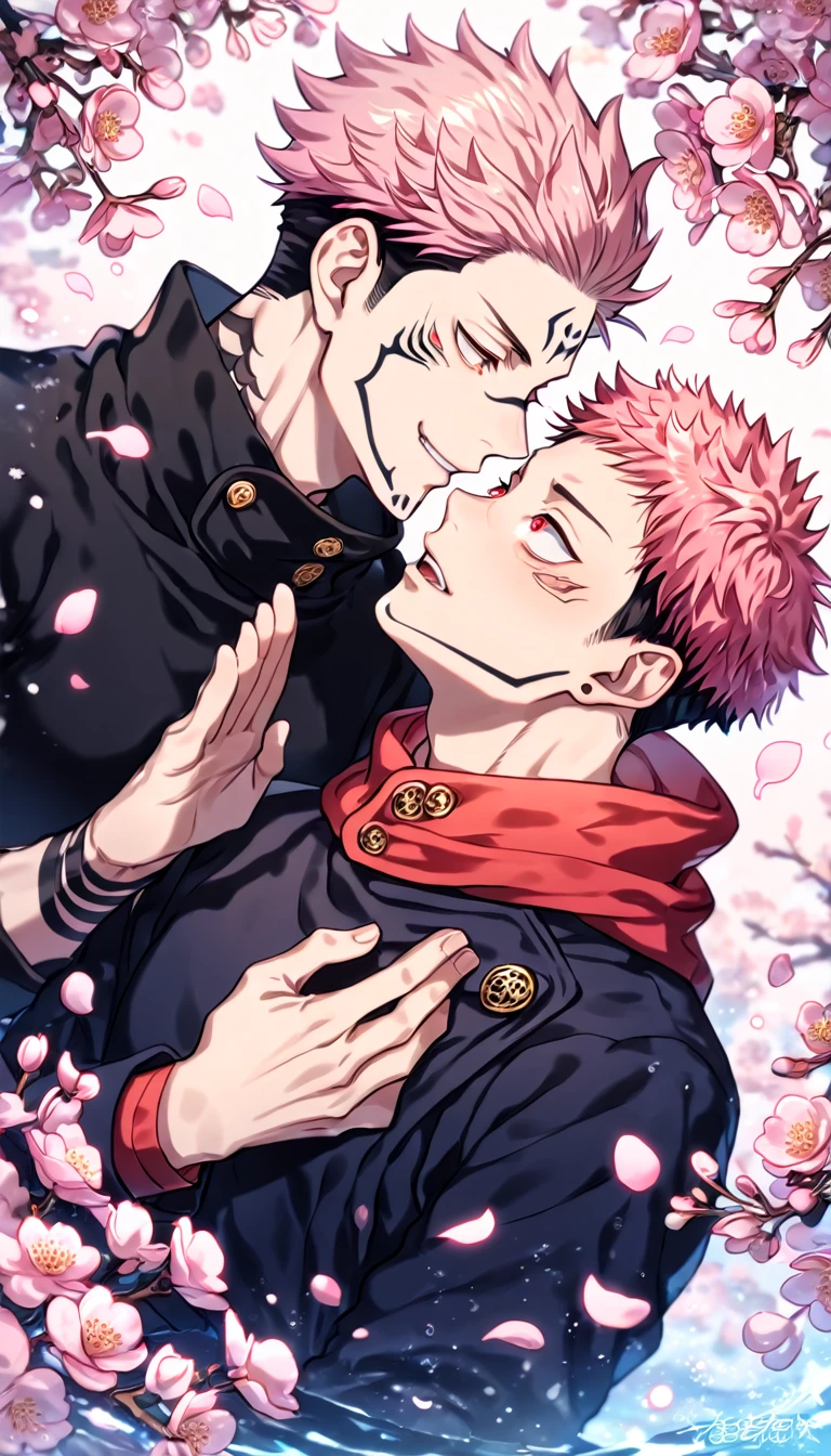 absurdres, highres, ultra detailed, HDR, master piece, Ryoumen Sukuna, pink hair, expressive red eyes, Itadori Yuuji, pink hair, expressive brown eyes, black clothes, Jujutsu Kaisen, two sexy man together, handsome, gay couple, yaoi, love, best quality, blossoms, pink petals, pink flowers, fantasy, magical, blue shining fireflies, water,