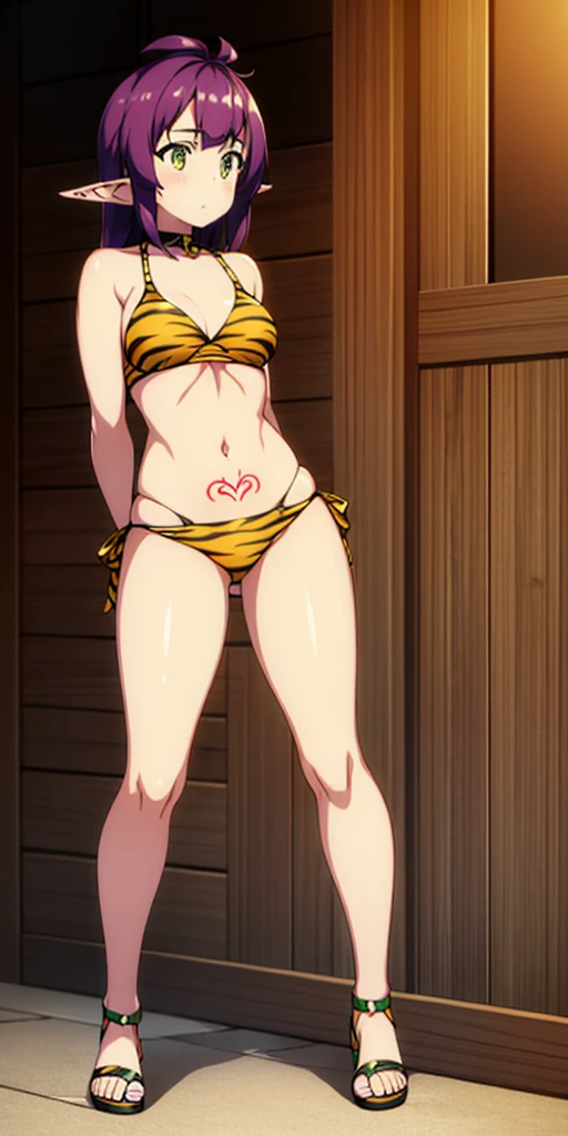 1 girl, bare shoulders, wearing a yellow tiger bikini, metal sandals, strong body, red tattoo under stomach, navel, Frieren, green eye, elf, pointy ears, toe to head