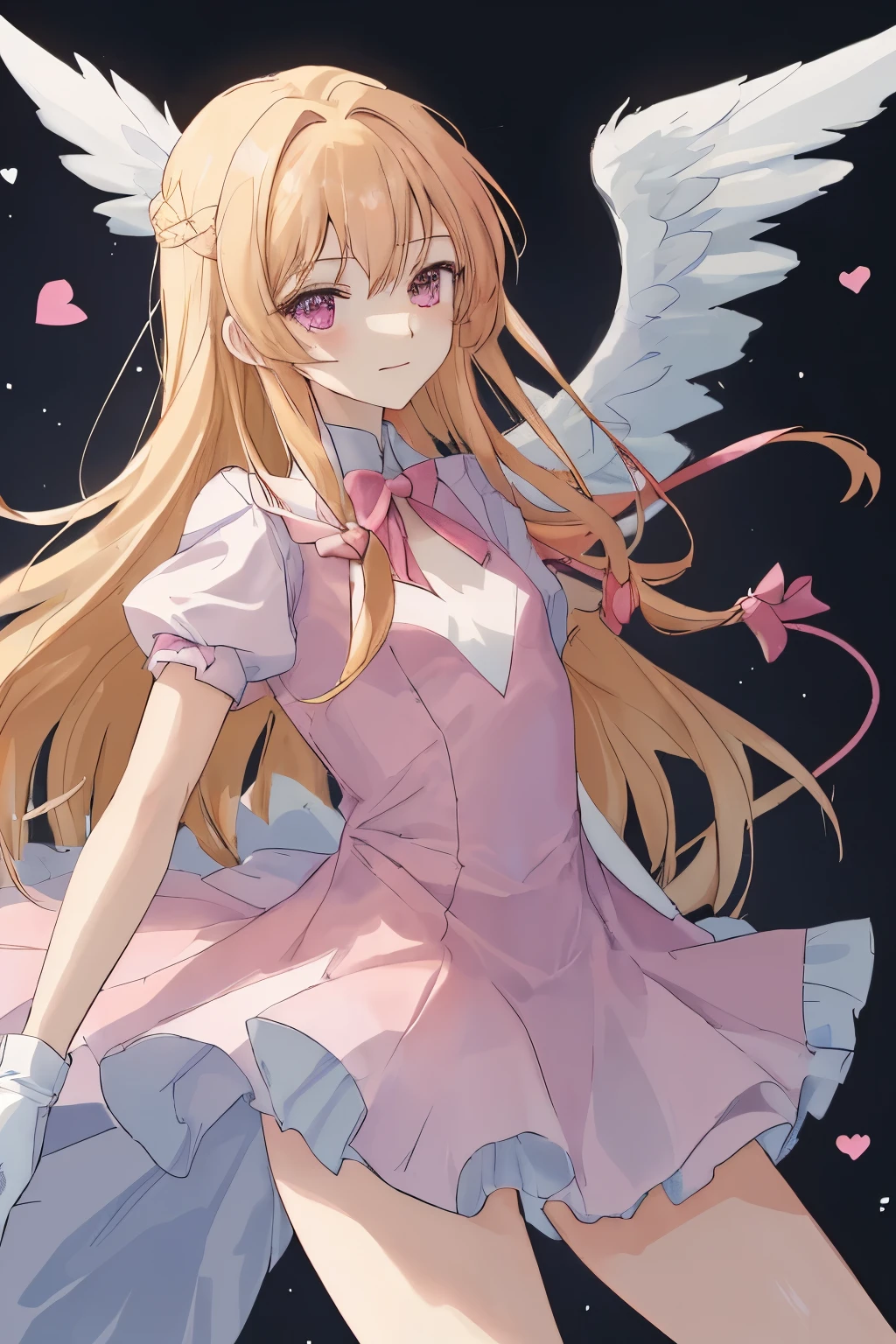 1_girl, (anime, kawai:2), (masterpeice, best_quality, simple, cute, dreamy, vibrant, clean, clear:1.8), (cute, cute_smile, young:1.6), (delicate, beautiful, thin:1.5), (girlfriend, angel:1.8), (green_eyes, simple_eyes:1.3) (long_hair, blond_hair, wearing_pink_dress, pink_angel_wings, gloves:1.8), (combat:1.3),  extremely_delicate, (love:1.3), (love_magic:1.5), (age_size_fits_body), (small_thighs, thin:1.3), (breasts), (eye_level:1.3), (heart_magic, love:1.5), (dancer)