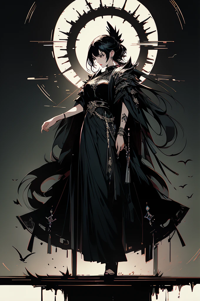 masterpiece,best quality,ultra-detailed,2girl, solo ,crow and raven on her shoulders ,full body,dark style,black hair,black clothes,standing,horror theme,
