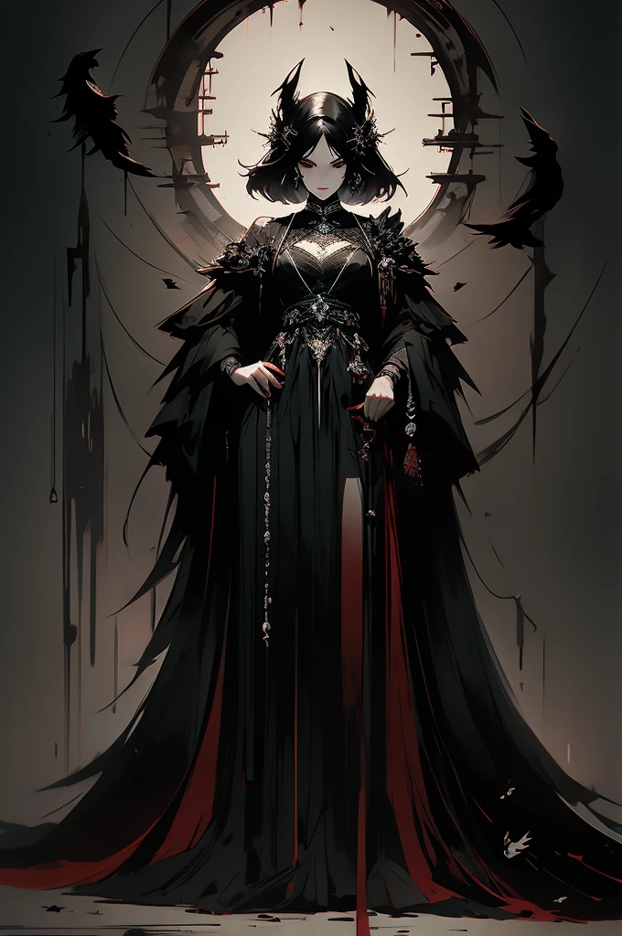 masterpiece,best quality,ultra-detailed,2girl, solo ,crow and raven on her shoulders ,full body,dark style,black hair,black clothes,standing,horror theme,
