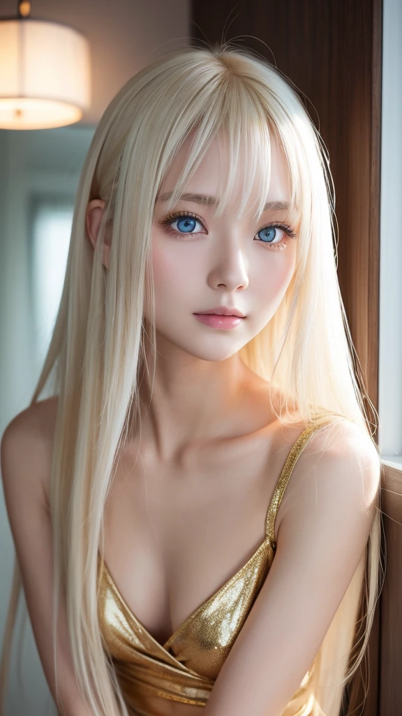 Medium shot, 1 woman、The most beautiful woman in the world、Finnish girls are very beautiful and cute.、sexy facial expression、Very beautiful and cute, beautiful girl, 18 years old.、Untidy bangs hang above the eyes.,,,,、Long hair tangled in the body、Very beautiful face、bright expression、big、Beautiful light blue eyes.、Bright and dazzling platinum blonde hair shimmers in gold.、Extra long straight hair、Get naked、Get nakedทั้งหมด、White and bright skin, Highly detailed, best quality, High resolution 4k、white muscles、Glowing skin、small face beauty、with a round face、หน้าอกbigเต็ม