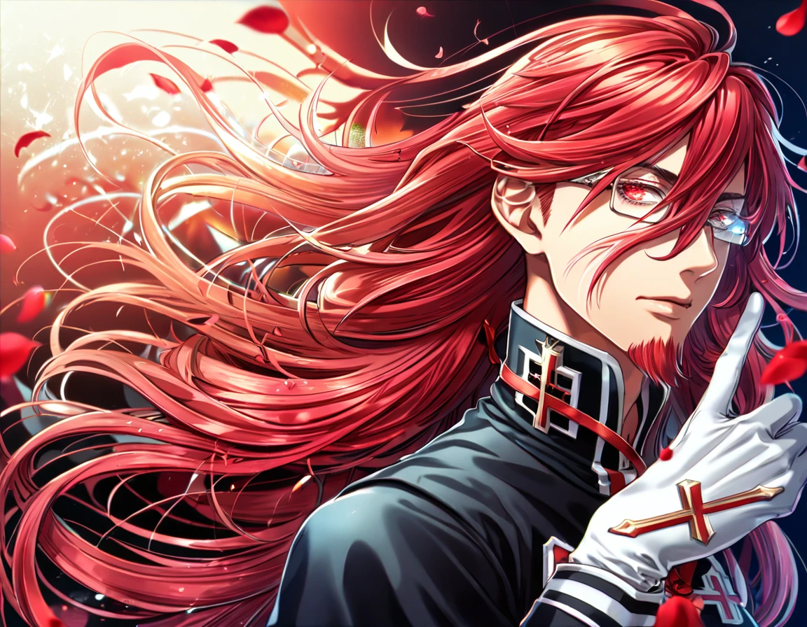 absurdres, highres, ultra detailed, HDR, master piece, best quality, extremely detailed, Marian Cross, red hair, long hair, messy hair, expressive red eyes, D.Gray-man, rectangle glasses, red goatee, solo, sexy man, handsome, sensual, black clothes, white gloves, magical, fantasy, red background, red roses, shining, red petals, red glittering fireflies
