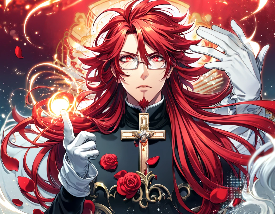 absurdres, highres, ultra detailed, HDR, master piece, best quality, extremely detailed, Marian Cross, red hair, long hair, messy hair, expressive red eyes, D.Gray-man, rectangle glasses, red goatee, solo, sexy man, handsome, sensual, black clothes, white gloves, magical, fantasy, red background, red roses, shining, red petals, red glittering fireflies