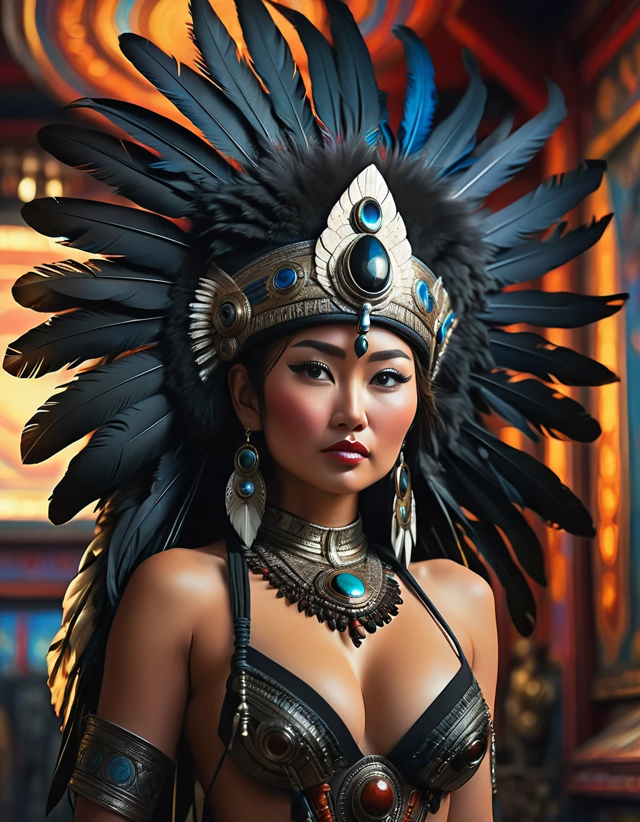 full body view, topless, , oil painting style, spaceship interior, beautiful busty nude Mongolian woman, black feather headdress, detailed face, detailed eyes, detailed lips, extremely detailed, intricate details, cinematic lighting, dramatic shadows, vivid colors, photorealistic, 8k, high quality, masterpiece, digital art