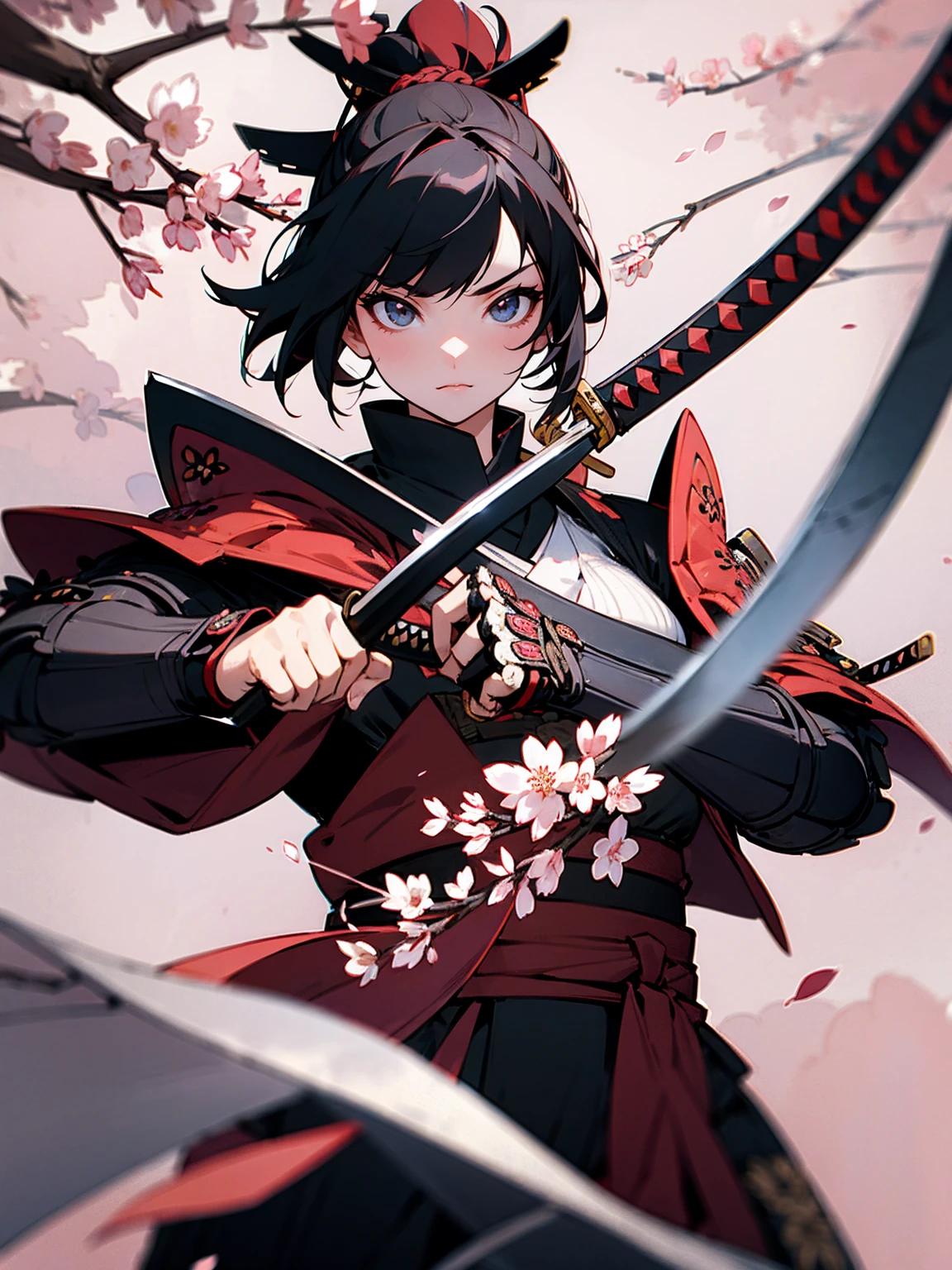 Female, black hair, samurai armor, katana in hand, cherry blossom background, focused look