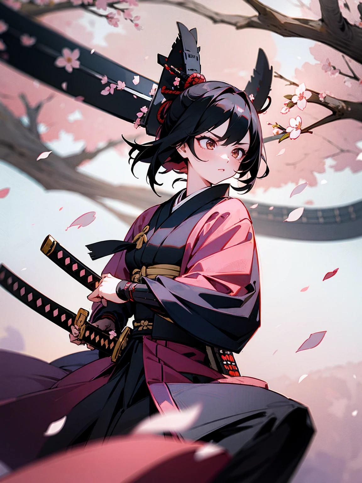 Female, black hair, samurai armor, katana in hand, cherry blossom background, focused look