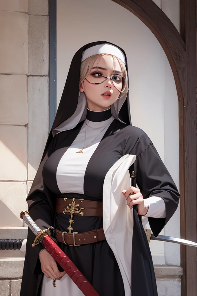 (a beautiful female warrior nun with an eyepatch, round face, plump lips, and long eyelashes, wearing a modern combat habit with a deep neckline, holding a sharp katana, in a dark monastery setting