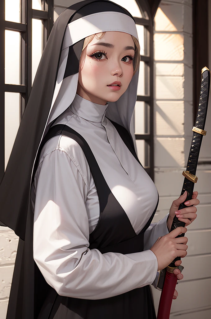 (a beautiful female warrior nun with an eyepatch, round face, plump lips, and long eyelashes, wearing a modern combat habit with a deep neckline, holding a sharp katana, in a dark monastery setting