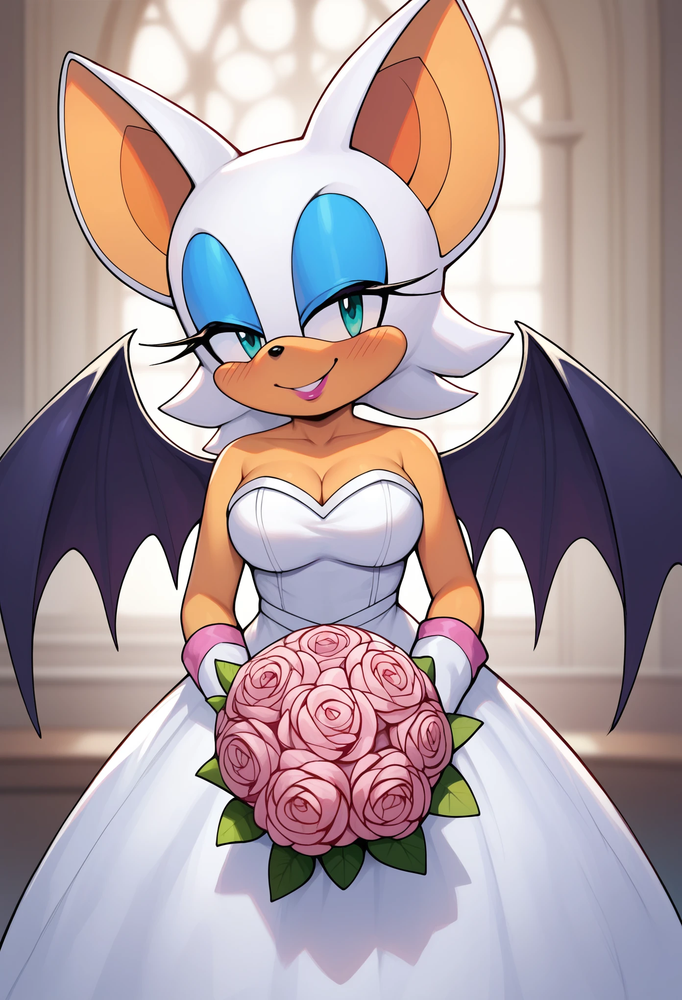 score_9, score_8_up, score_7_up, score_6_up, score_5_up, score_4_up, rouge the bat, (front view),  (2D anime style), (short body), (wearing a white wedding dress), anthro furry, orange fur, cyan eyes, bat ears, small tail, orange tail, cleavage, white sleeve gloves, sexy curves, big head, (solo), (standing), (seductive pose), shy, (blush), smile, (looking at viewer), (seductive look), (holding a bouquet of flowers), (church background)