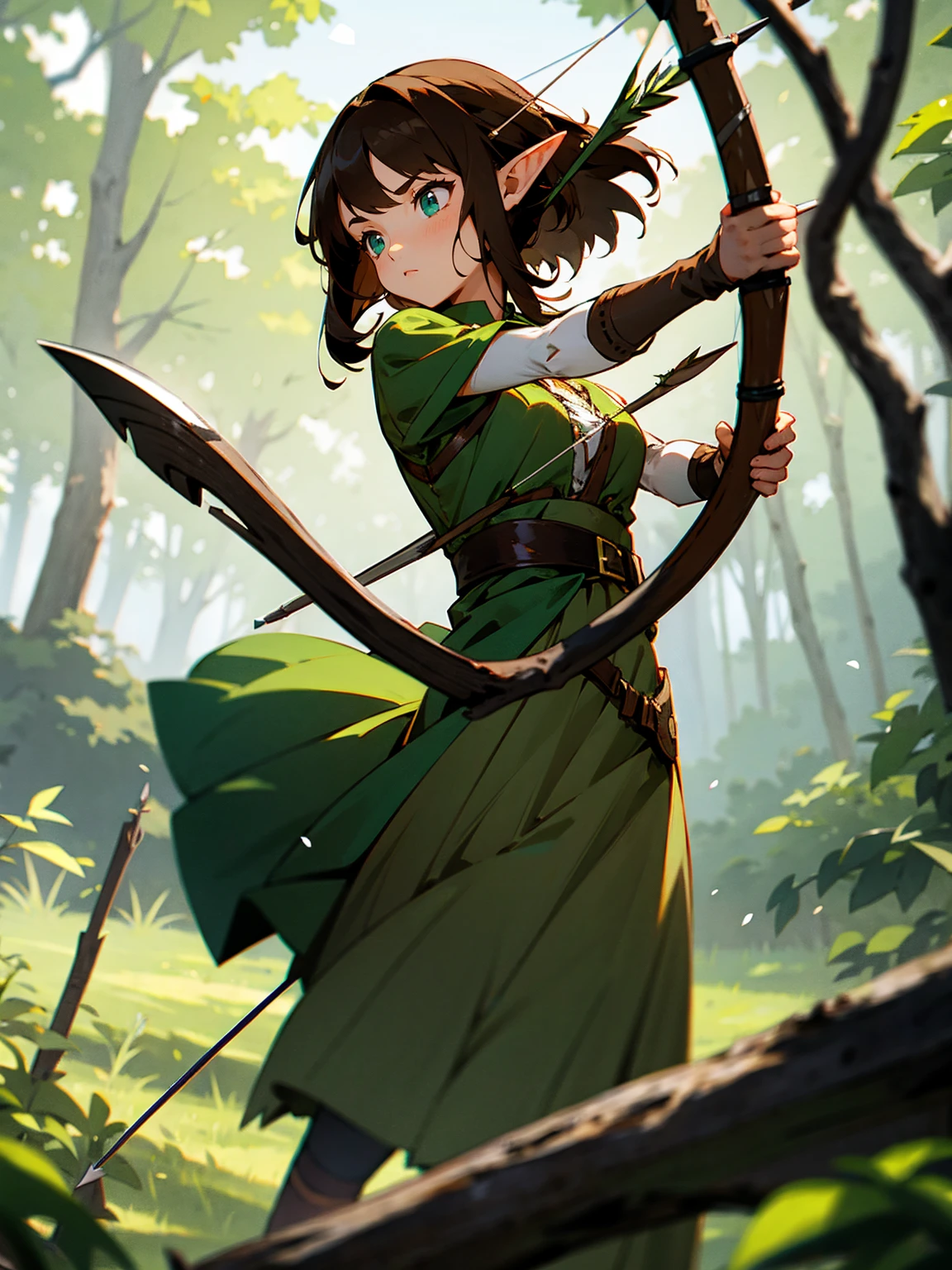 Female, brown hair, elf ears, green dress, bow and arrow, woodland setting, vigilant expression