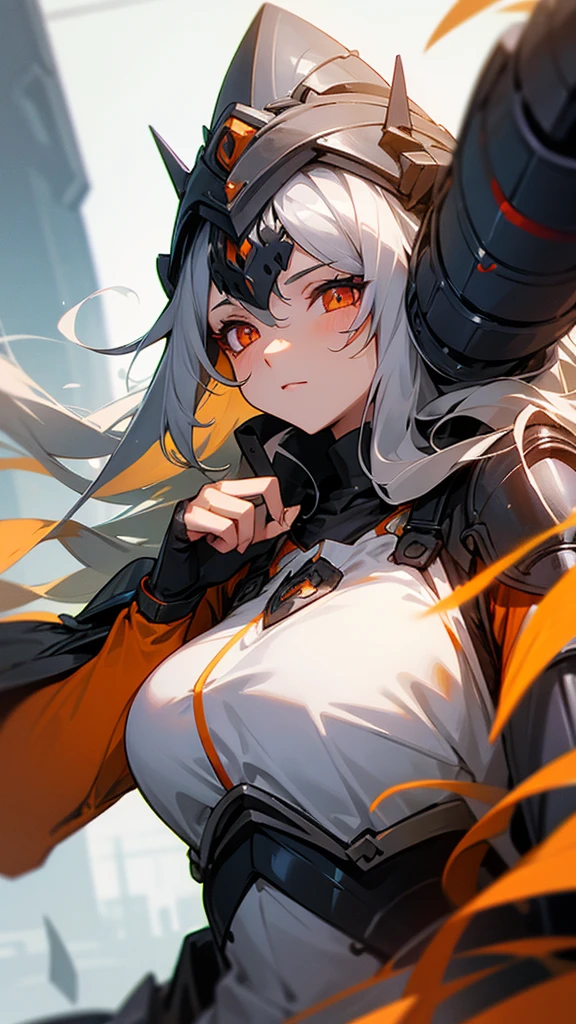 Create an image of a busty girl with long gray hair with orange eyes wearing armor 