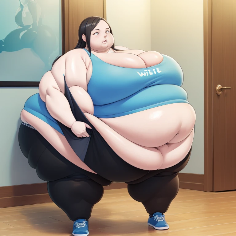 Wii fit trainer, a woman, thick body, extremely white pale skin, a tall and curvy figure, highres, and a hyper massive voluptuous body. She has large thick fat breasts, (gigantic breasts,  1.5), she has thick breasts, an extremely thick giant fat enormous sexy huge humongous gigantic ass, thick figure. The woman has cute long gray hair, detailed eyes, gray eyes. She has a seductive expression, ahegao expression, moaning. The woman is wearing a large blue tank top and gray yoga pants. She is standing in her bedroom, holding her belly, sweating, moaning, and gaining weight, with a sexy fat body. ((obese, fat, excess fat)), (morbidly obese body:1.5) (fat neck and chin). (Very large thighs) (((Colossal thighs, massive thighs, very large thighs))), full body, masterpiece, (NSFW), (exaggerated proportions), (hentai), (perfect anatomy), ((detailed manga illustration)), (detailed face), (4k wallpaper), (best quality,4k,8k,highres,masterpiece:1.2),ultra-detailed,(realistic,photorealistic,photo-realistic:1.37),HDR,UHD,studio lighting,ultra-fine painting,sharp focus,physically-based rendering,extreme detail description,professional,vivid colors,bokeh,portraits,goth, fantasy