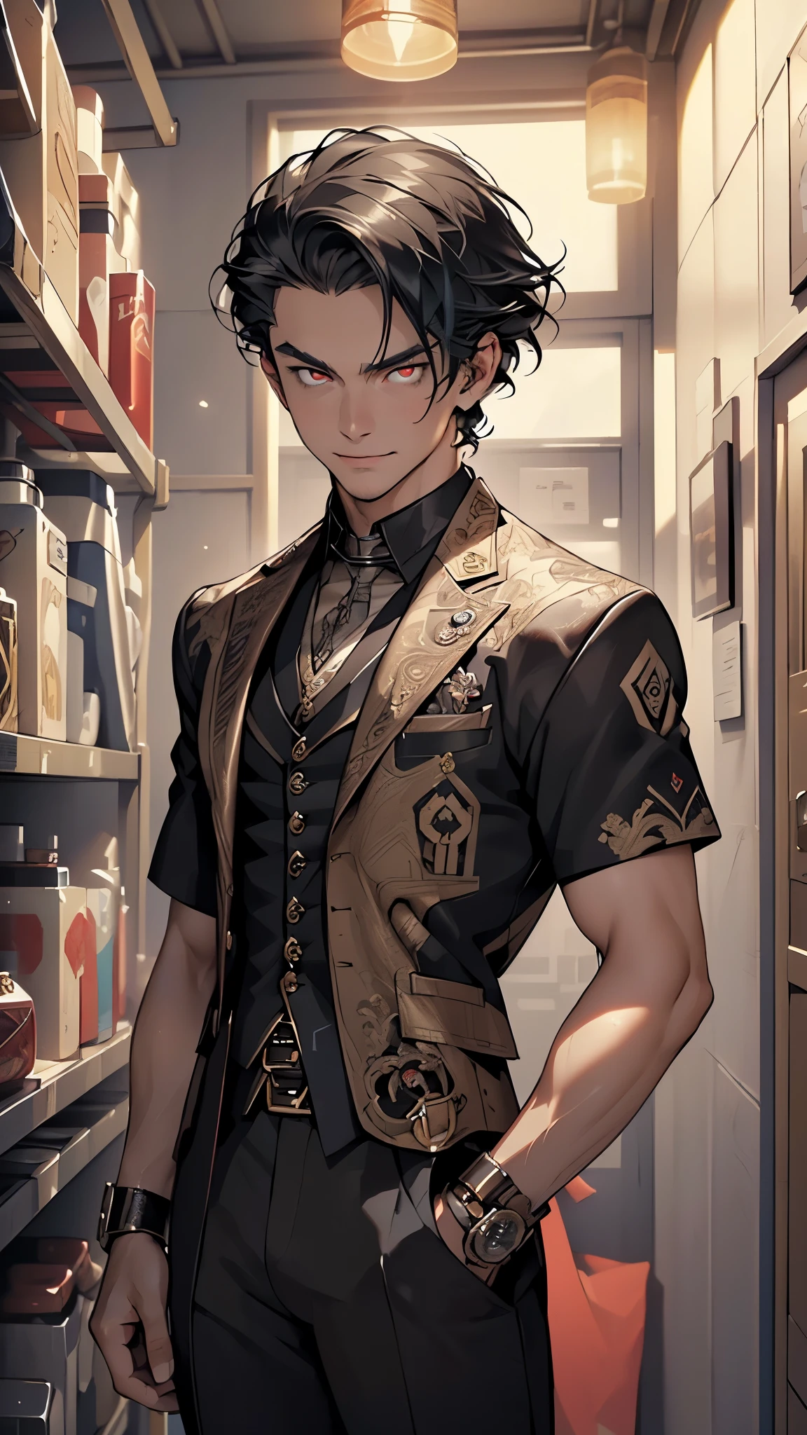 (man:1.5),1 man,steampunk adventure man,(((1man))),

(((1male,man:1.5,handsome man,male,male gender:1.5,male focus))),macho man,

((large black hair,disheveled hair,black hair,slicked hair)),(((lustrous skin:1.5,tanned skin,bright skin: 1.5,skin tanned,shiny skin,very shiny skin,shiny body,illuminated skin))),(((red_eyes:1.2))),intricate eyes,beautiful detailed eyes,symmetrical eyes,man chest,handsome face,((muscular,muscular man)),(((detailed face))),

alluring look,nsfw,

steampunk suit pants,((bulge in pants)),((steampunk suit outfit, red steampunk suit,short sleeve steampunk suit)),(wearing a steampunk suit outfit:1.3,steampunk suit clothes),((intricate outfit,intricate clothes)),

(dynamic pose:1.0),solo focus,((evil smile,evil look)),(centered,scale to fit dimensions,Rule of thirds),

inside,indoor,((cozy steampunk room)),scenery:1.25,((intricate scenery)),((steampunk decorations)),

(Glossy steampunk ornaments),highres,sharp focus,(ultra detailed,extremely detailed),(photorealistic artwork:1.37),(extremely detailed CG unity 8k wallpaper),(((vibrant colors,vibrant theme))),(intricate),(masterpiece),(best quality),artistic photography,(photography taken by sldr),(intricate background),perfect rendered face,perfect face details,realistic face,photo realistic,((intricate detail)),(((realism))),