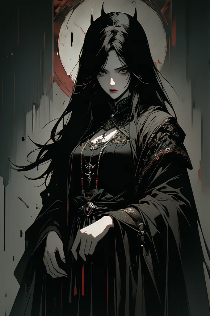 masterpiece,best quality,ultra-detailed,2girl,solo,crow,upper body,dark style,black hair,black clothes,standing,horror theme,