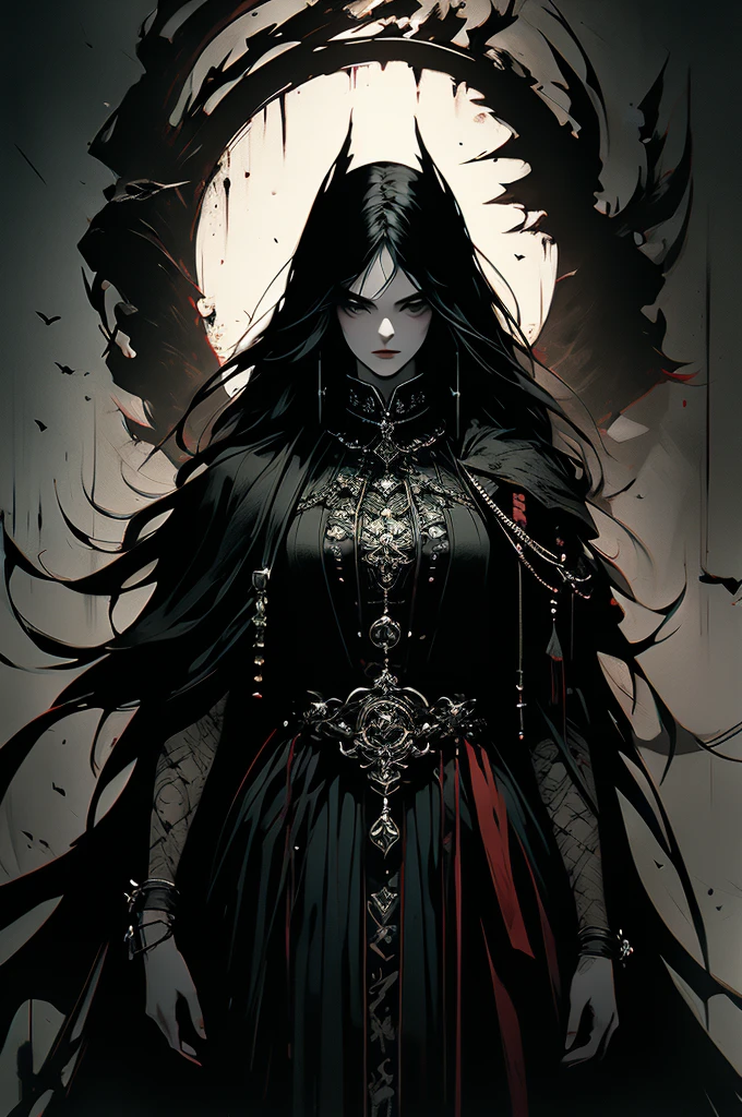 masterpiece,best quality,ultra-detailed,2girl,solo,crow,upper body,dark style,black hair,black clothes,standing,horror theme,