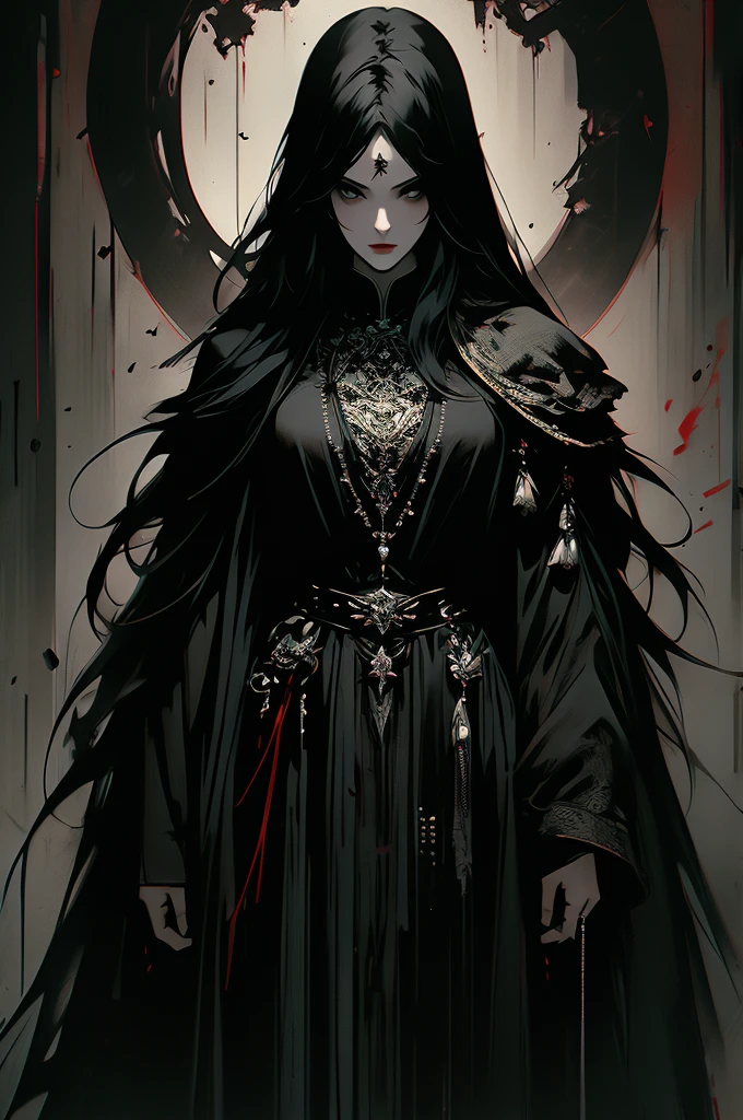 masterpiece,best quality,ultra-detailed,2girl,solo,crow,upper body,dark style,black hair,black clothes,standing,horror theme,