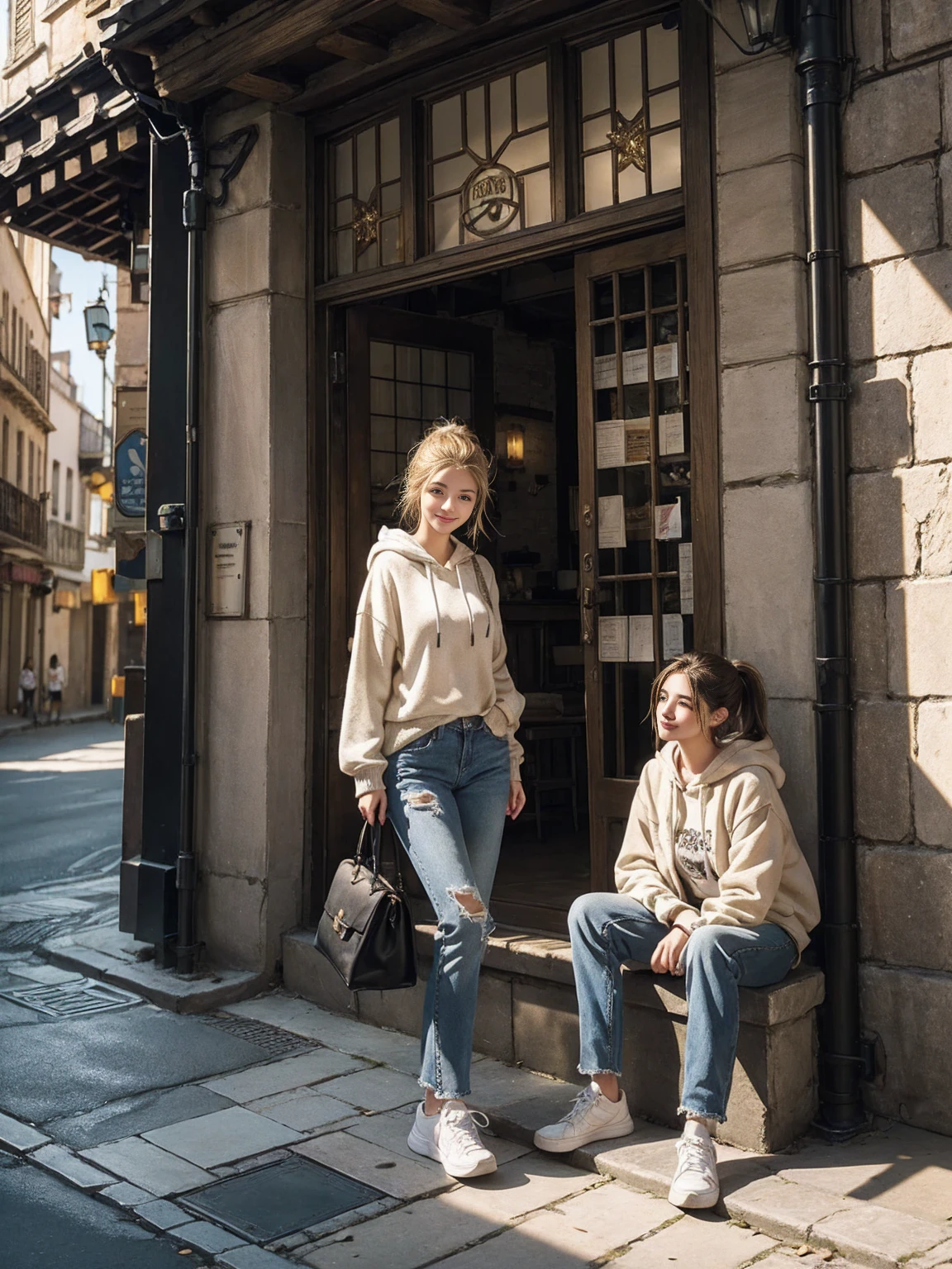 *Young woman*, *20 years old*, *skateboarding*, *ancient cobblestone street*, *European old town*, *slender figure*, *fair skin*, *blue eyes*, *bright smile*, *golden hair*, *loose ponytail*, *grey hoodie*, *hood up*, *ripped jeans*, *white sneakers*, *black leather bracelet*, *small black backpack*, *captured mid-trick*, *graceful movement*, *afternoon sunlight*, *warm light rays*, *soft shadows*, *historic stone buildings*, *large windows*, *colorful flowers on balconies*, *winding cobblestone paths*, *peaceful nostalgic atmosphere*, *local people*, *outdoor cafe*, *casual chatter*, *spring air*, *floral scent*, *birds chirping*, *gentle breeze*, *rustling young leaves*, *golden sunset glow*, *tranquil romantic scene*, *youthful energy*, *natural beauty*, *immersive photorealistic environment*.