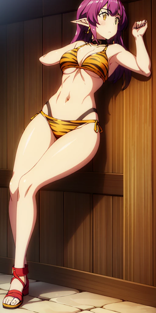 1 girl, bare shoulders, wearing a yellow tiger bikini, metal sandals, strong body, red tattoo under stomach, navel, Frieren, green eye, elf, pointy ears, toe to head