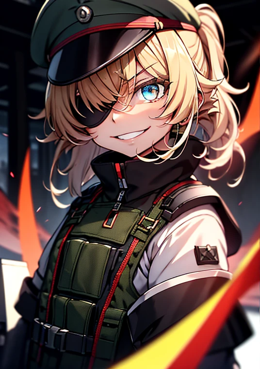 (masterpiece,top-quality:1.1), 1girl 独奏, 1girl em, 独奏, 小柄, flat-chested, militar, Black military uniform, a blond, Black eye patch for the right eye, evil smile, evil look, going, neutral lighting,red moon, Tension scene, arrest bystander