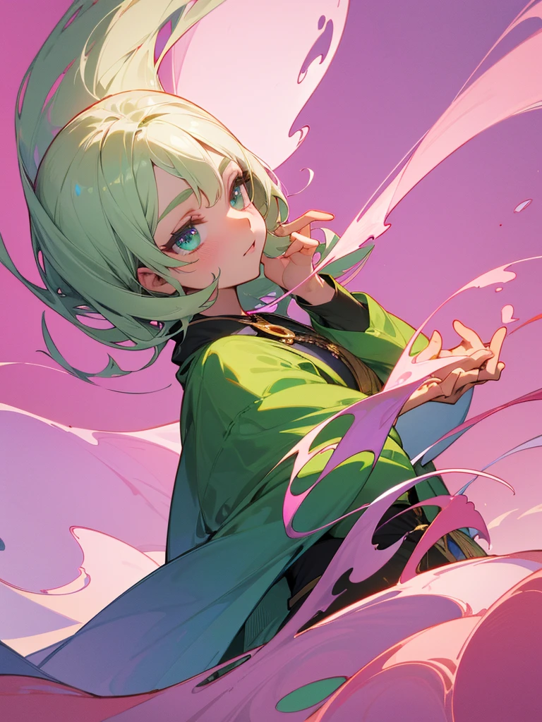 High-resolution RAW color artwork, animation,Carving, trevo de quarto folhas 🍀 muito grande, (((Highly detailed elegant))), magical atmosphere, thin skin, texture,(Exquisitely crafted, The finer details, ultra detailed art), Written limit depth, silky to the touch, hyper detail, (blooming green), gorgeous eyes, elegant face, Casual jacket, (all-body), necklase, to heaven, wind darkening, bright sky background, pink background with lilac 
