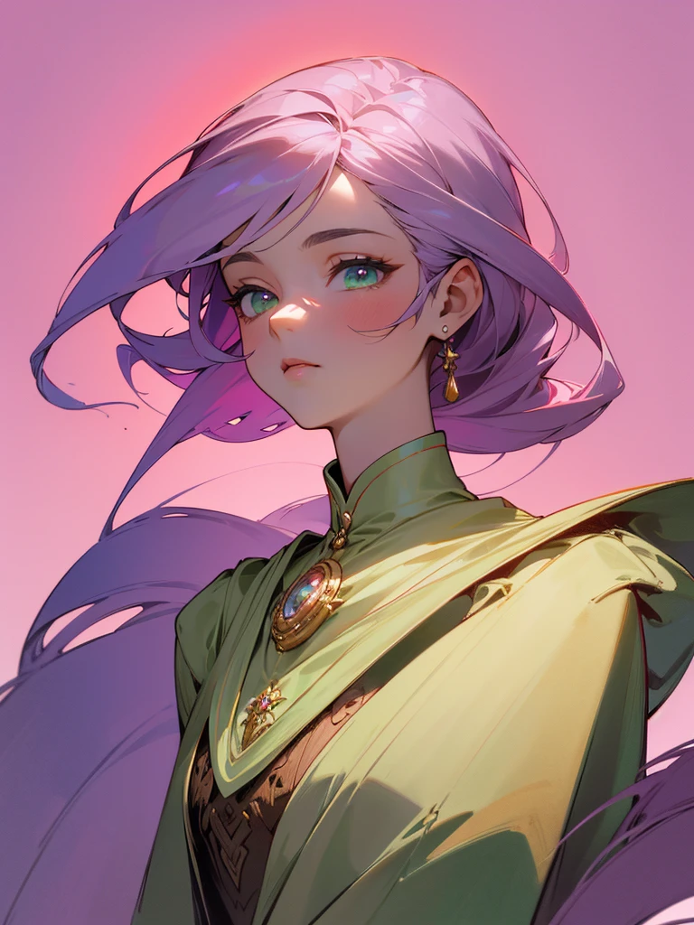 High-resolution RAW color artwork, animation,Carving, trevo de quarto folhas 🍀 muito grande, (((Highly detailed elegant))), magical atmosphere, thin skin, texture,(Exquisitely crafted, The finer details, ultra detailed art), Written limit depth, silky to the touch, hyper detail, (blooming green), gorgeous eyes, elegant face, Casual jacket, (all-body), necklase, to heaven, wind darkening, bright sky background, pink background with lilac