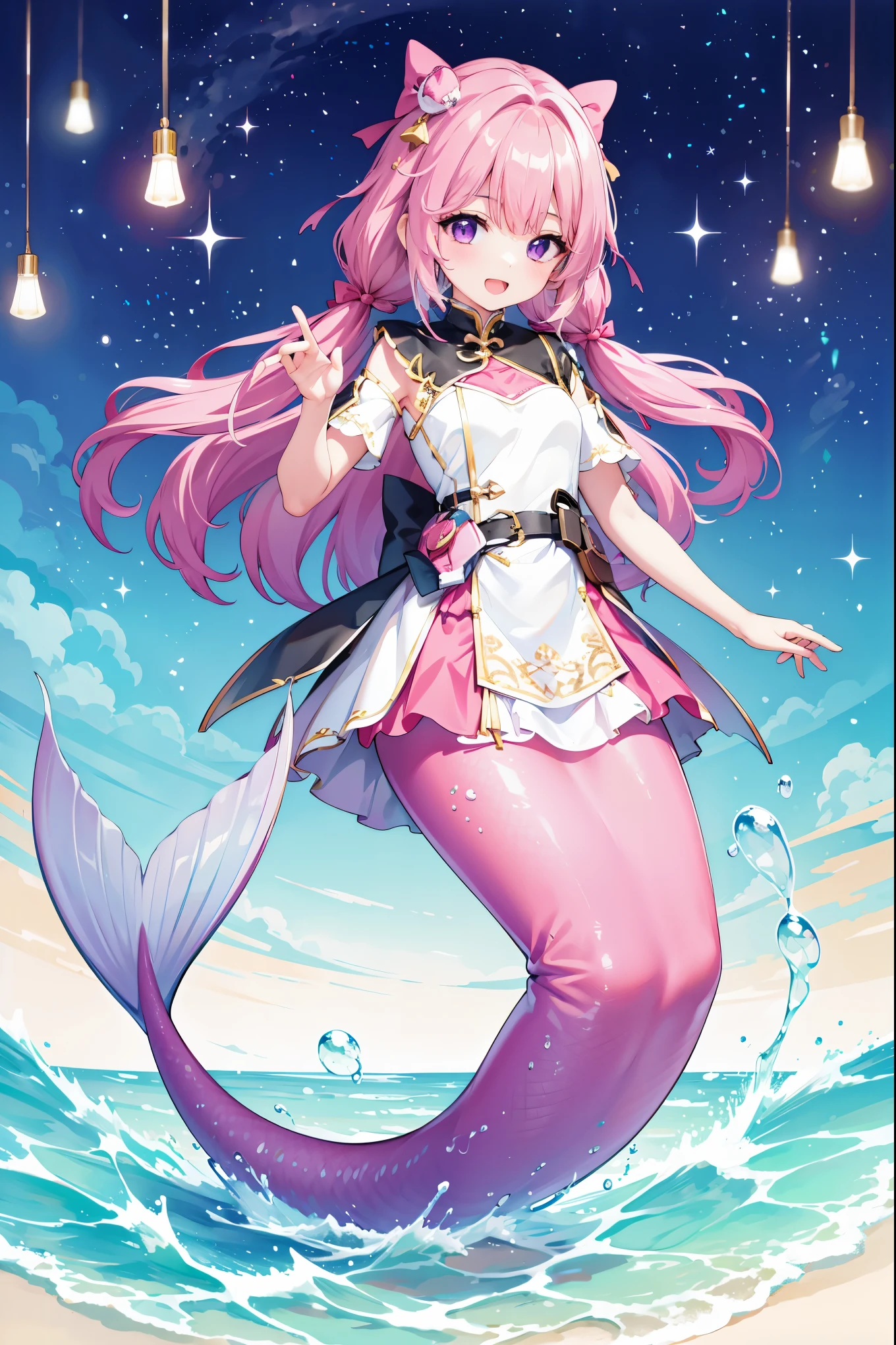 masterpiece, best quality,1 Girl, solo, Long hair, Looking at the audience, blush, Smile, open mouth, Bangs, Hair accessories, bow, Double tail, Purple Eyes, Pink Hair, Ahog, White hair,Colorful hair, trumpet, Virtual YouTuber, low Double tail, pink bow,Mermaid,粉色的Mermaid尾巴,full-body shot,Looking at the audience,