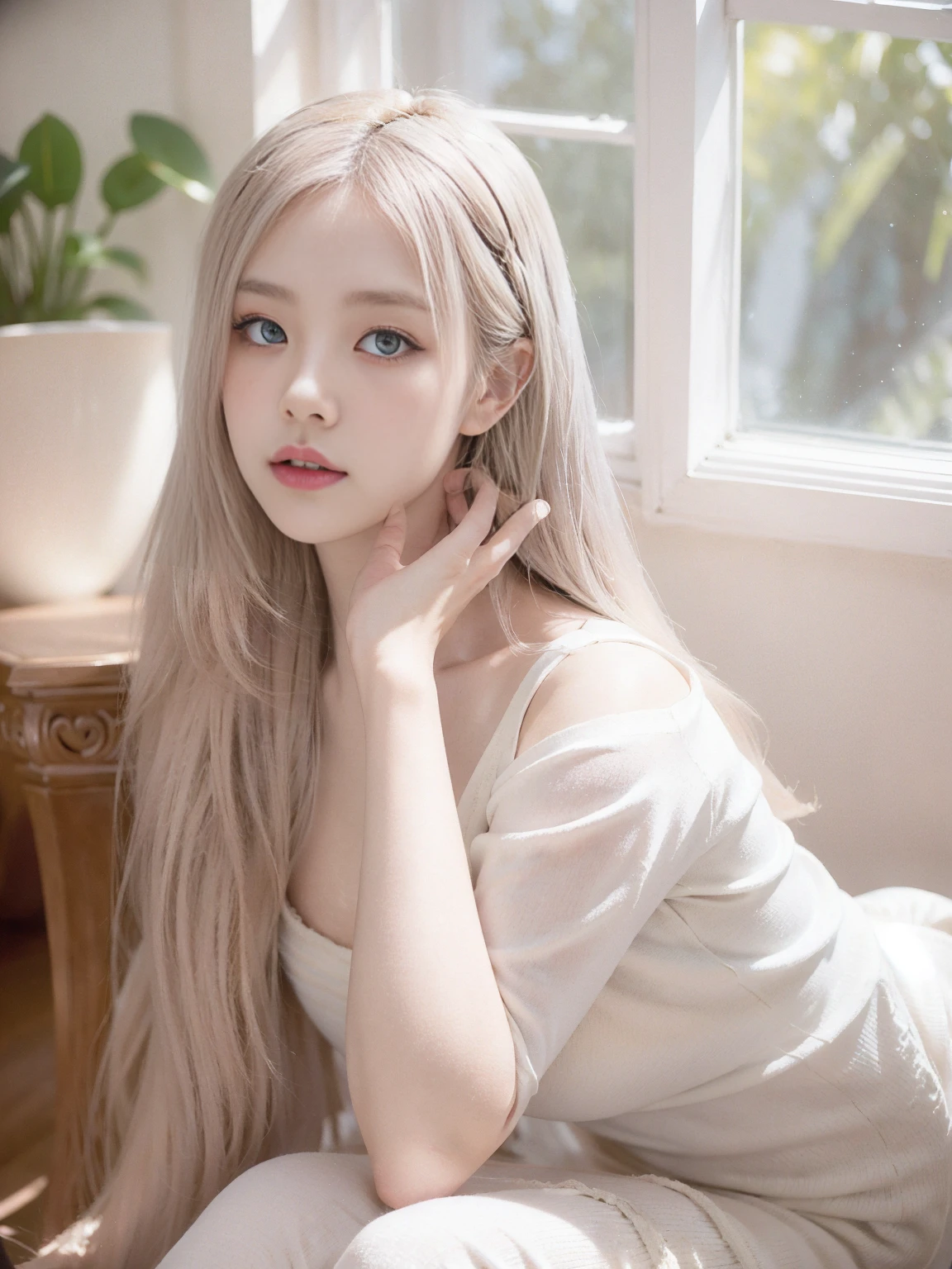 Beautiful platinum blonde woman, long shimmering hair, reading a book, classic vintage cafe, delicate face, deep blue eyes, soft pink lips, soft natural light, large window, highlighting pale smooth skin, soft light rays, elegant cream sweater, long skirt, classic armchair, crossed legs, hardcover book, cozy warm atmosphere, exposed brick walls, antique brass chandelier, aged wooden tables, large windows, soft shadows, natural light rays, golden warm lighting, vintage table lamps, light and dark contrast, photorealistic details, classic wooden bookshelves, old books, vintage art on walls, small potted plants, peaceful tranquil ambiance, soft jazz music, aroma of coffee, timeless nostalgic environment, soft background noise, subtle reflections, ambient occlusion, high contrast, depth of field, soft bokeh background, immersive photorealistic scene.