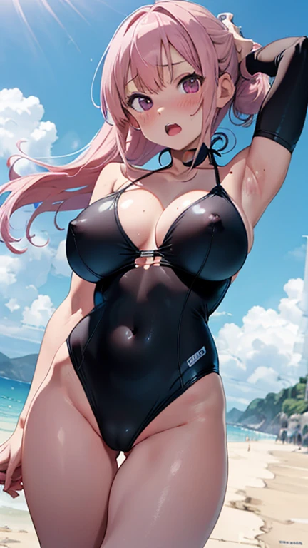 mastute piece,Best Quality,insanely detailed,8k cg,nsfw,
(shoot upper body:1.3),
(1girls:1.3),standing,looking at viewr,body in front,both arms behind back,(swimsuit:1.3),(bare :1.2),(bare nipplesbreak,
blush,shy,(ecstasy face),ing:1.2),break,(light pink hair:1.3),
break,
perfect breasts,perfect teatsmouth:0.9),(large breasts:1.2),
(beach),