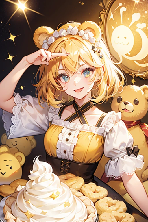 A baked pie girl Num with a squinting winking eye and her tongue sticking out. She has yellow bear ears poking out of the meringue cream on top of her head. SPARKLE; GLITTER