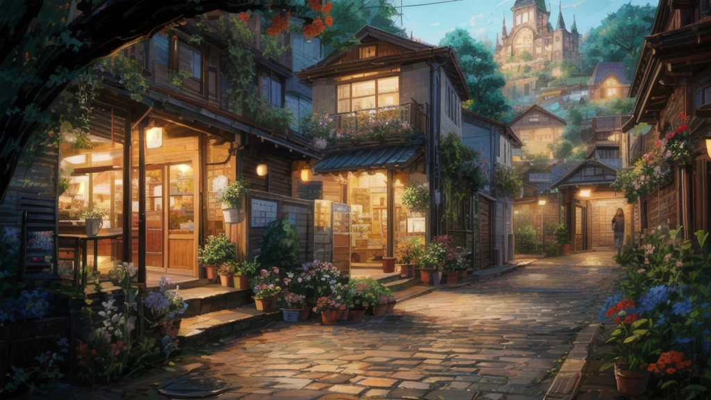 There is a drawing of a street with flowers and plants, Beautiful digital artwork, Beautiful digital painting, Beautiful Art UHD 4K, Beautiful digital art, Highly detailed digital art in 4K, Highly detailed digital painting, Beautiful cityscape, 8K high quality, detailed art, Stylized digital art, very Beautiful digital art, Detailed painting 4k, Digital Painting Style, Beautiful digital illustrations