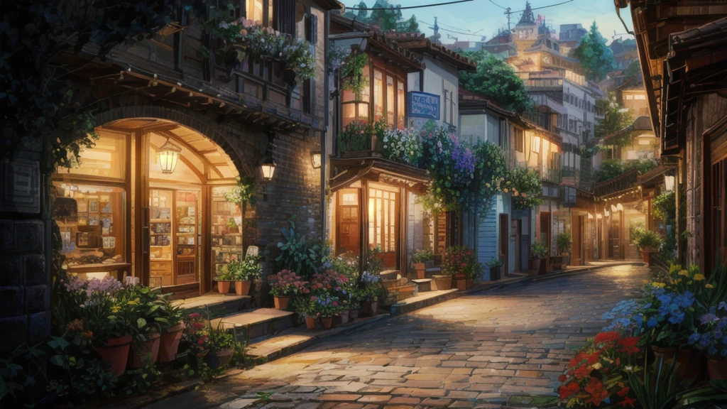 There is a drawing of a street with flowers and plants, Beautiful digital artwork, Beautiful digital painting, Beautiful Art UHD 4K, Beautiful digital art, Highly detailed digital art in 4K, Highly detailed digital painting, Beautiful cityscape, 8K high quality, detailed art, Stylized digital art, very Beautiful digital art, Detailed painting 4k, Digital Painting Style, Beautiful digital illustrations