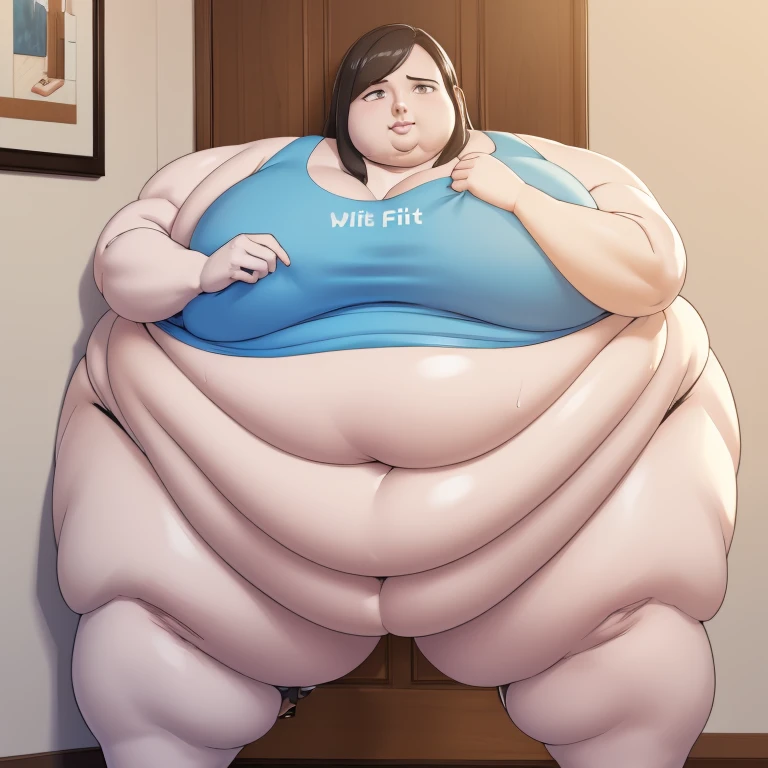 Wii fit trainer, a woman, thick body, extremely white pale skin, a tall and curvy figure, highres, and a hyper massive voluptuous body. She has large thick fat breasts, (gigantic breasts, 1.5), she has thick breasts, an extremely thick giant fat enormous sexy huge humongous gigantic ass, thick figure. The woman has cute long gray hair, detailed eyes, gray eyes. She has a seductive expression, ahegao expression, moaning. The woman is wearing a large blue tank top and gray yoga pants. She is standing in her bedroom, holding her belly, sweating, moaning, and gaining weight, with a sexy fat body. ((obese, fat, excess fat)), (morbidly obese body:1.5) (fat neck and chin). (Very large thighs) (((Colossal thighs, massive thighs, very large thighs))), full body, masterpiece, (NSFW), (exaggerated proportions), (hentai), (perfect anatomy), ((detailed manga illustration)), (detailed face), (4k wallpaper), (best quality,4k,8k,highres,masterpiece:1.2),ultra-detailed,(realistic,photorealistic,photo-realistic:1.37),HDR,UHD,studio lighting,ultra-fine painting,sharp focus,physically-based rendering,extreme detail description,professional,vivid colors,bokeh,portraits,goth, fantasy