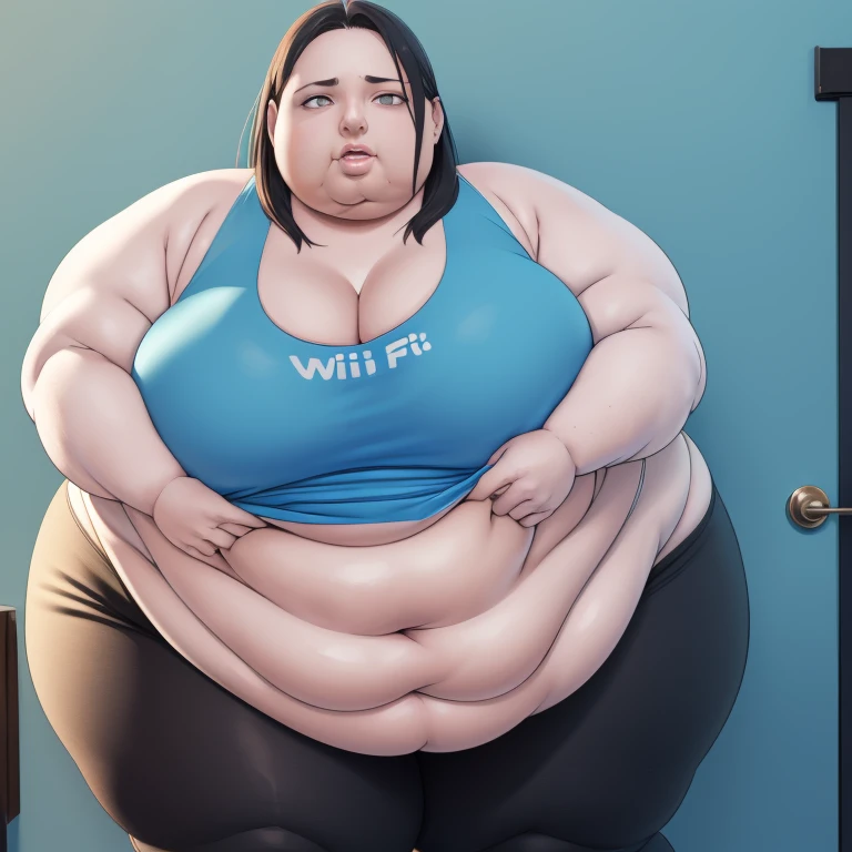 Wii fit trainer, a woman, thick body, extremely white pale skin, a tall and curvy figure, highres, and a hyper massive voluptuous body. She has large thick fat breasts, (gigantic breasts,  1.5), she has thick breasts, an extremely thick giant fat enormous sexy huge humongous gigantic ass, thick figure. The woman has cute long gray hair, detailed eyes, gray eyes. She has a seductive expression, ahegao expression, moaning. The woman is wearing a large blue tank top and gray yoga pants. She is standing in her bedroom, holding her belly, sweating, moaning, and gaining weight, with a sexy fat body. ((obese, fat, excess fat)), (morbidly obese body:1.5) (fat neck and chin). (Very large thighs) (((Colossal thighs, massive thighs, very large thighs))), full body, masterpiece, (NSFW), (exaggerated proportions), (hentai), (perfect anatomy), ((detailed manga illustration)), (detailed face), (4k wallpaper), (best quality,4k,8k,highres,masterpiece:1.2),ultra-detailed,(realistic,photorealistic,photo-realistic:1.37),HDR,UHD,studio lighting,ultra-fine painting,sharp focus,physically-based rendering,extreme detail description,professional,vivid colors,bokeh,portraits,goth, fantasy