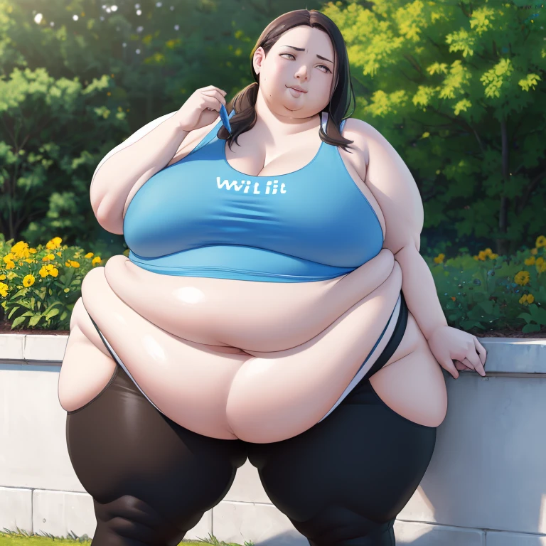 Wii fit trainer, a woman, thick body, extremely white pale skin, a tall and curvy figure, highres, and a hyper massive voluptuous body. She has large thick fat breasts, (gigantic breasts,  1.5), she has thick breasts, an extremely thick giant fat enormous sexy huge humongous gigantic ass, thick figure. The woman has cute long gray hair, detailed eyes, gray eyes. She has a seductive expression, ahegao expression, moaning. The woman is wearing a large blue tank top and gray yoga pants. She is standing in her bedroom, holding her belly, sweating, moaning, and gaining weight, with a sexy fat body. ((obese, fat, excess fat)), (morbidly obese body:1.5) (fat neck and chin). (Very large thighs) (((Colossal thighs, massive thighs, very large thighs))), full body, masterpiece, (NSFW), (exaggerated proportions), (hentai), (perfect anatomy), ((detailed manga illustration)), (detailed face), (4k wallpaper), (best quality,4k,8k,highres,masterpiece:1.2),ultra-detailed,(realistic,photorealistic,photo-realistic:1.37),HDR,UHD,studio lighting,ultra-fine painting,sharp focus,physically-based rendering,extreme detail description,professional,vivid colors,bokeh,portraits,goth, fantasy